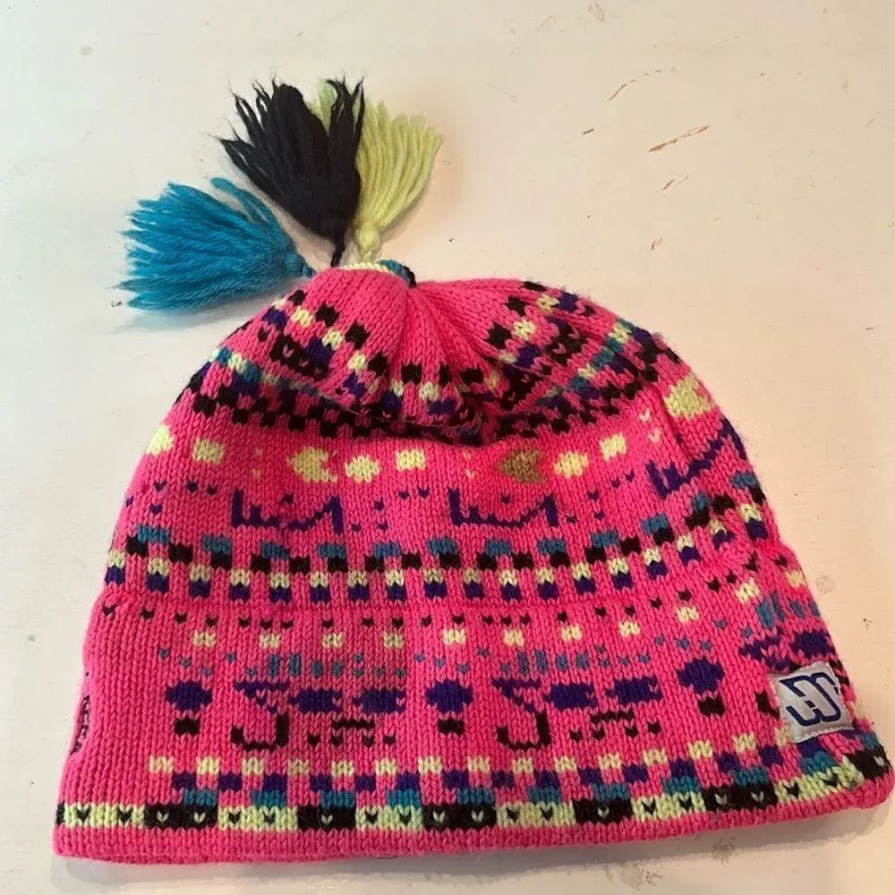 Vintage pink and yellow wool beanie with three tassels from squaw Creek